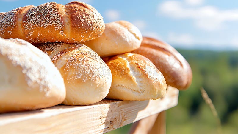 Assortment of freshly baked breads on rustic display stock illustration