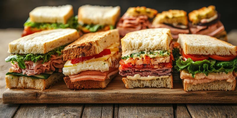 Assortment of Gourmet Sandwiches on Wooden Cutting Board stock illustration