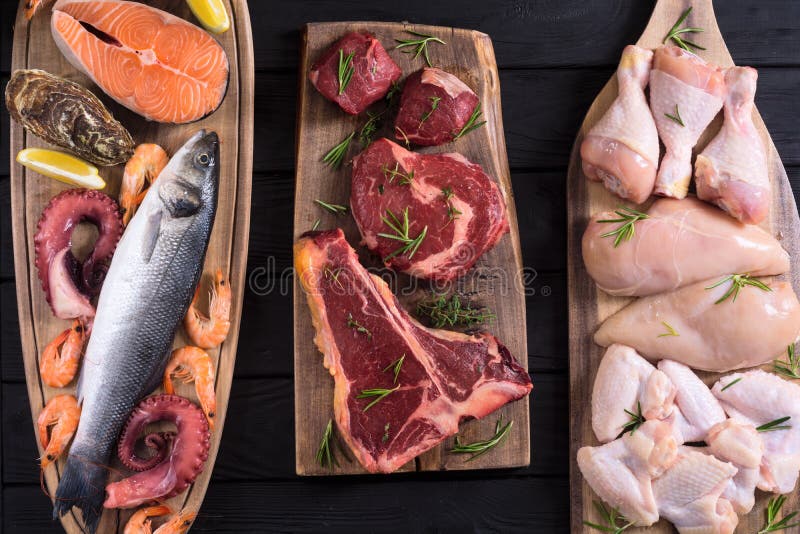 Assortment of Meat and Seafood Stock Image Image of beef, flat 150811161