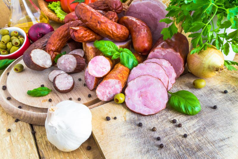 Assortment Meats Sausage Bacon Green Stock Image Image of board
