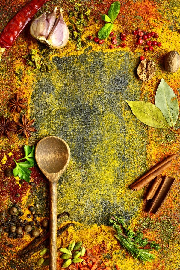 Assortment of natural spices.Top view with copy space stock image Assortment of natural spices.Top view with copy space stock image