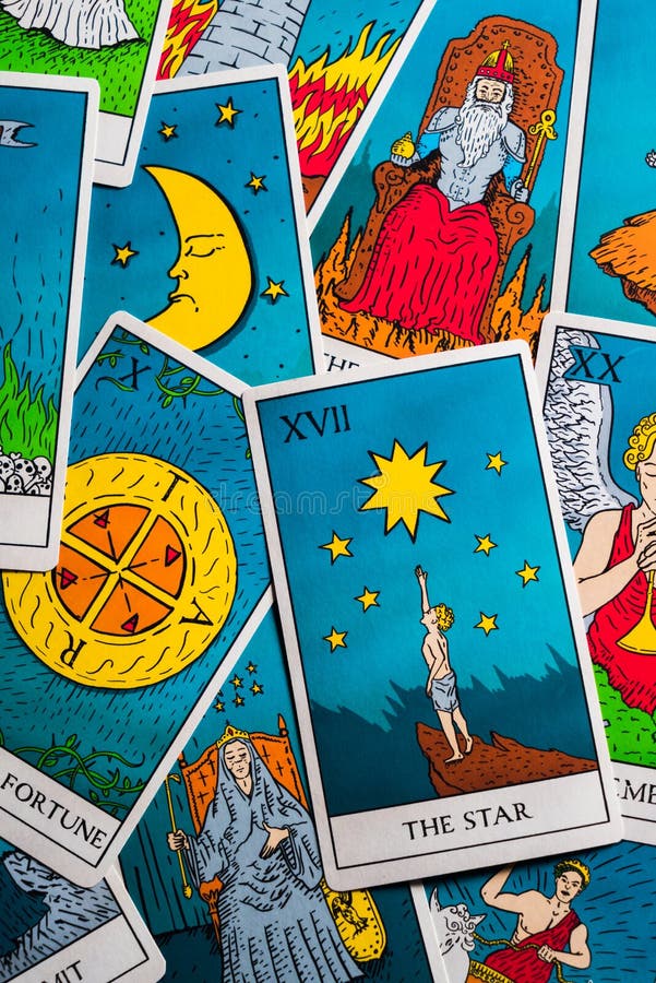 Tarot Cards Distributed Randomly on Top of Each Other Stock Photo