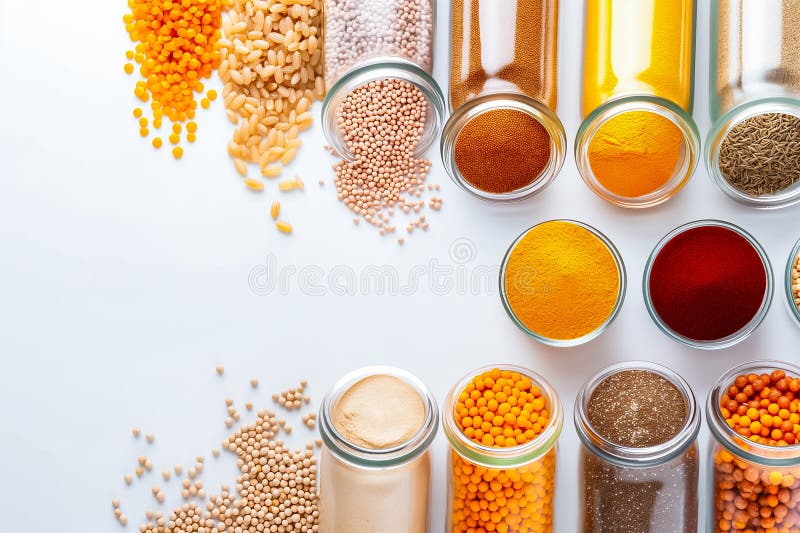 An assortment of spices in clear jars showcases vibrant colors, while various grains are artfully scattered around royalty free stock photo