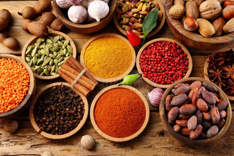 Assortment with Spices Dried Fruit and Carbohydrates Stock Image