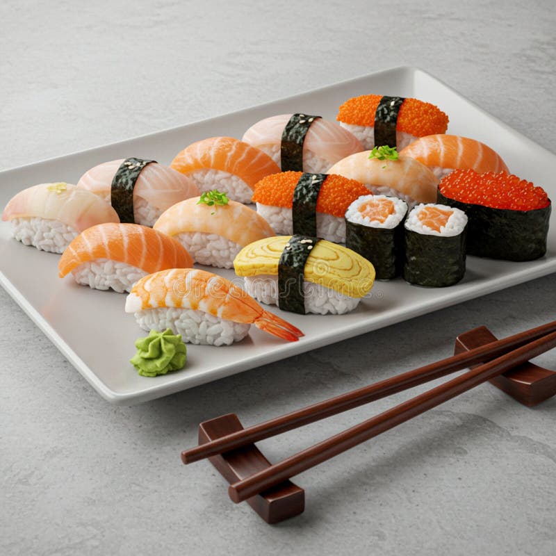 An assortment of sushi on a rectangular plate includes nigiri topped with shrimp vector illustration