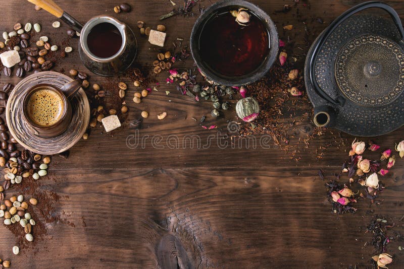 Assortment of tea and coffee as background