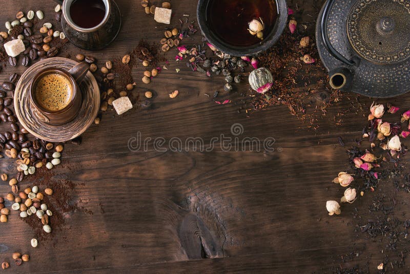 Assortment of tea and coffee as background