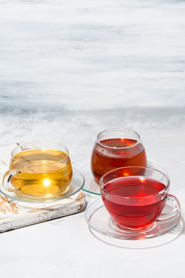 Assortment of Tea in Glass Cups, Vertical Stock Photo Image of herb