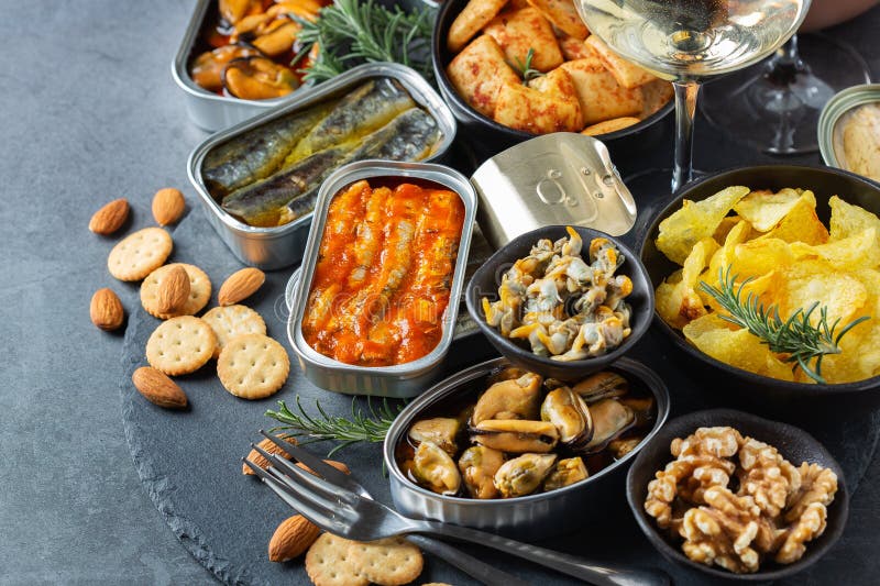 Assortment of Tinned fish, canned food ready for date night