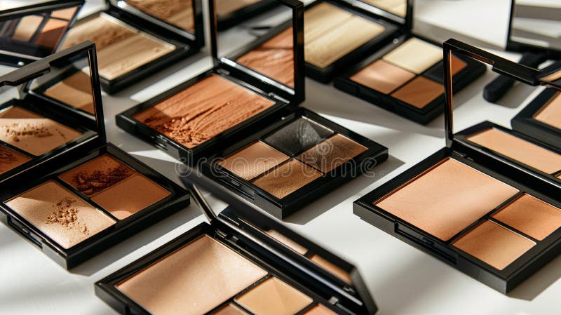 An assortment of various contouring palettes and highlighters with rich colors, arranged on a white surface. Generative royalty free stock image