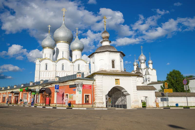 ROSTOV THE GREAT, RUSSIA -  JULY 19, 2017: View of the Assumption Cathedral from the town square on a sunny July day. ROSTOV THE GREAT, RUSSIA -  JULY 19, 2017: View of the Assumption Cathedral from the town square on a sunny July day