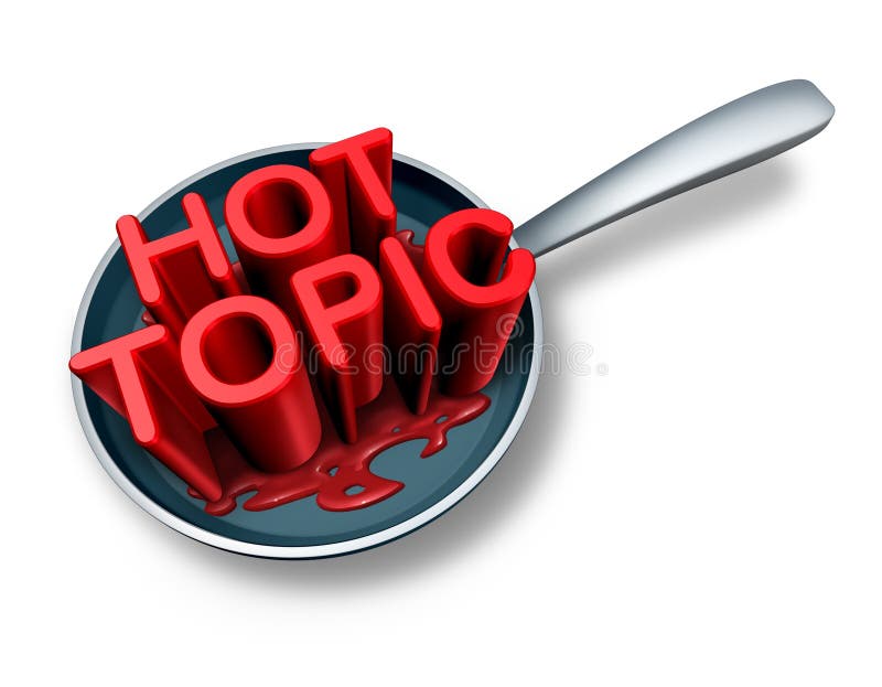 Hot topic and breaking news symbol as the word for current social newsflash events in a frying pan as a press headline icon for media communication of things of human interest. Hot topic and breaking news symbol as the word for current social newsflash events in a frying pan as a press headline icon for media communication of things of human interest.