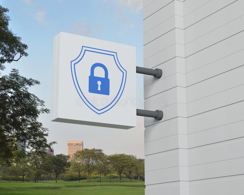 Padlock with shield icon on hanging white square signboard over green grass field and trees in park, Technology security insurance online concept, 3D rendering. Padlock with shield icon on hanging white square signboard over green grass field and trees in park, Technology security insurance online concept, 3D rendering
