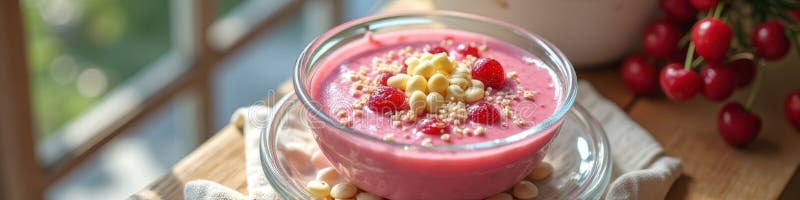 Asta di frullato di fragole fresche deliziose con cioccolato bianco e rivestimenti di granola in una mattina di sole immagine stock