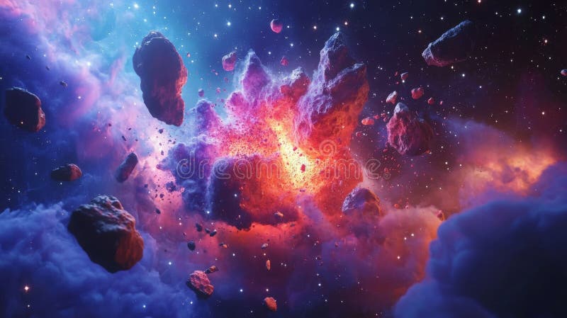 Asteroidkollision i en färglös nebulaexplosion i djupt utrymme royaltyfria bilder