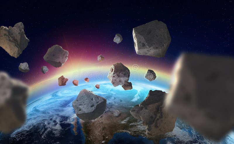Asteroids κοντά στο πλανήτη Γη Στρώμα όζοντος Μια άποψη της σφαίρας από το διάστημα απεικόνιση αποθεμάτων Asteroids κοντά στο πλανήτη Γη Στρώμα όζοντος Μια άποψη της σφαίρας από το διάστημα απεικόνιση αποθεμάτων
