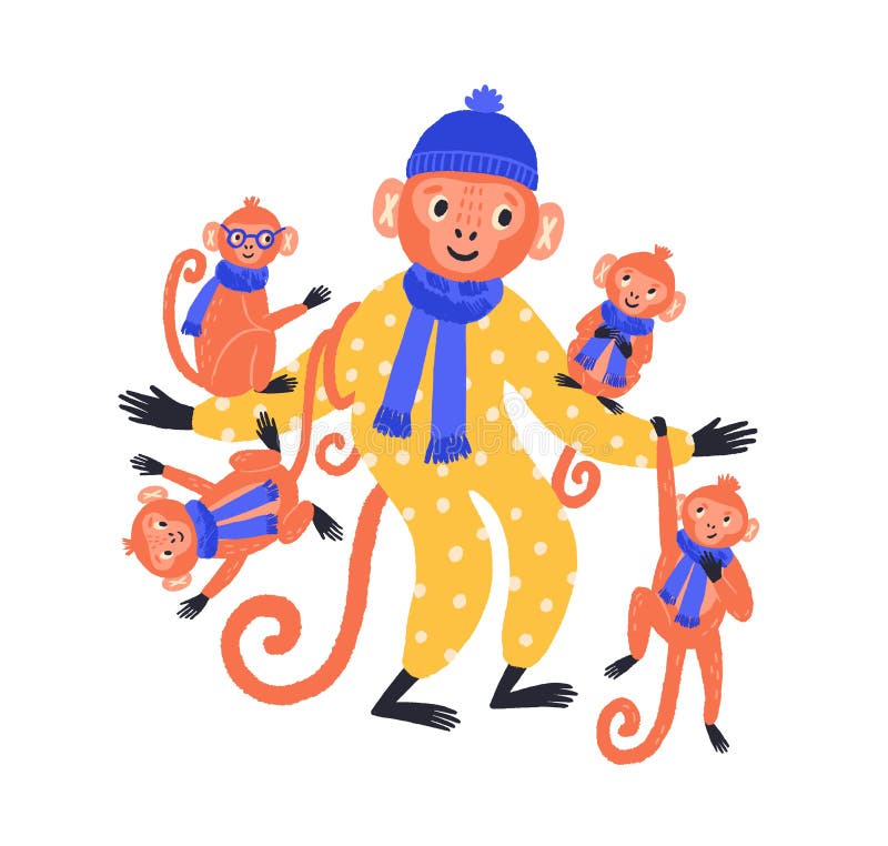 Asterritad apa-familj i en platt illustration av den roliga kostumvektorvektorn. Söt karikatyr, fader och många royaltyfri illustrationer