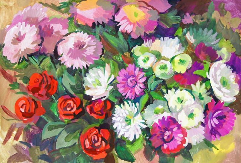 Asters. Still life with a bouquet of flowers. Gouache painting