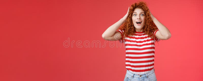 Astonished Surprised Emotive Happy Redhead Girl Receive Incredible Offer T Grab Curly Hair