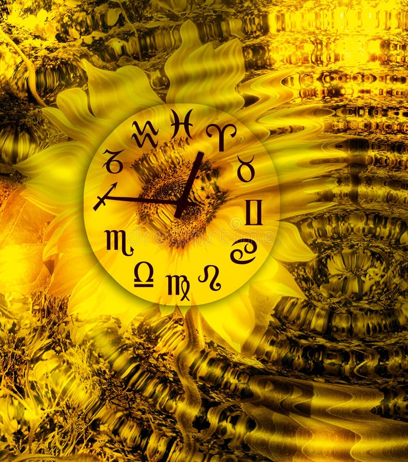 Astrologické hodiny na žltom pozadí s slnečnice a vody vlnky.