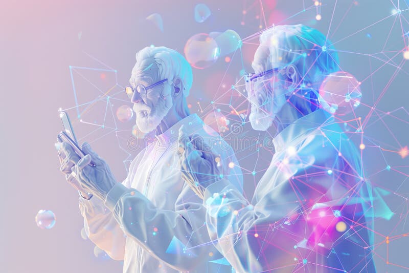 Astratto apprendimento da parte di senior man dell'utilizzo di nuove apparecchiature per smartphone con tecnologia olografica royalty illustrazione gratis