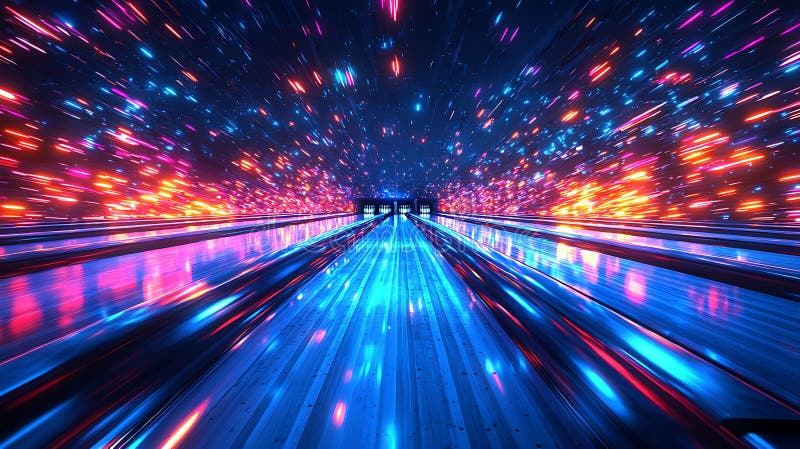 Astratto Neon Bowling Alley con Dynamic Light Traings e Pins a soffiatura illustrazione di stock