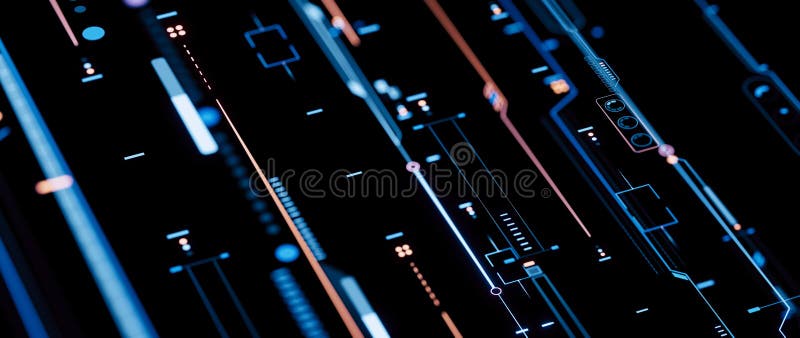 Astratto nodo di circuito di fantascienza digitale fi techno con effetto di profondità di campo. linee di puntini e forme di geome royalty illustrazione gratis