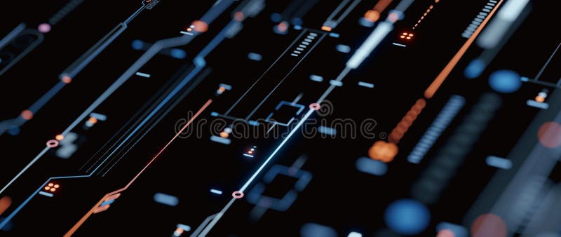 Astratto nodo di circuito di fantascienza digitale fi techno con effetto di profondità di campo. illustrazione vettoriale