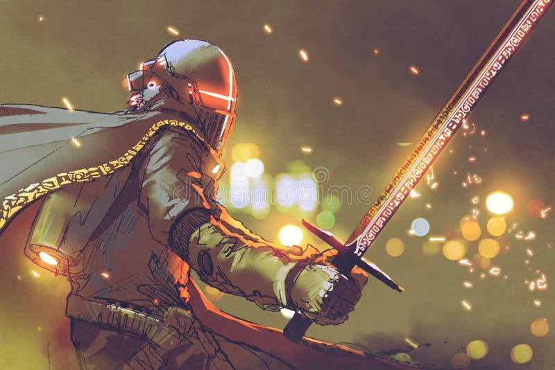 Astro-caballero en la armadura futurista que sostiene la espada mágica libre illustration Astro-caballero en la armadura futurista que sostiene la espada mágica libre illustration