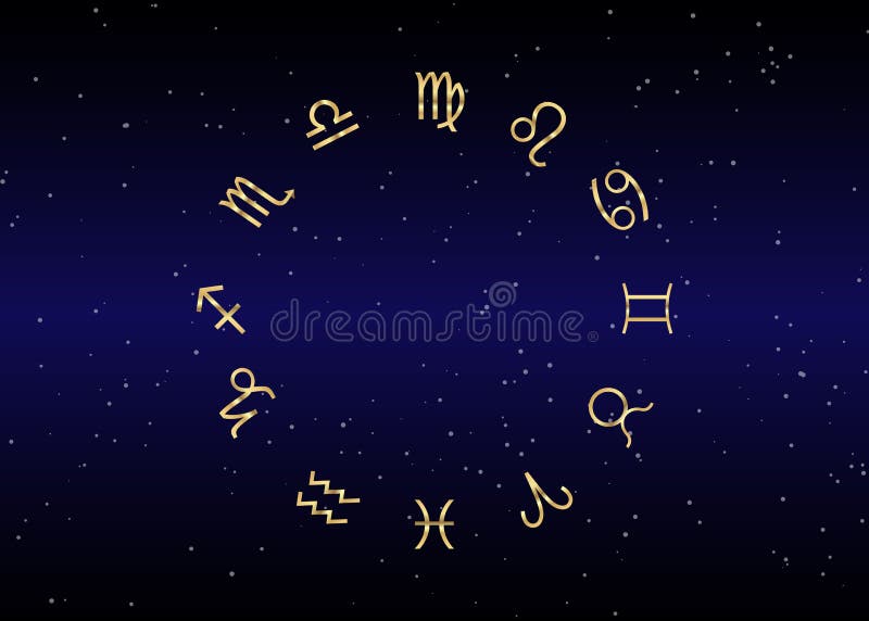 Astrologia i horoskop - złociści znaki zodiak nad nocnego nieba i gwiazdy nocnego nieba ciemnym tłem, ilustracja ilustracji Astrologia i horoskop - złociści znaki zodiak nad nocnego nieba i gwiazdy nocnego nieba ciemnym tłem, ilustracja ilustracji