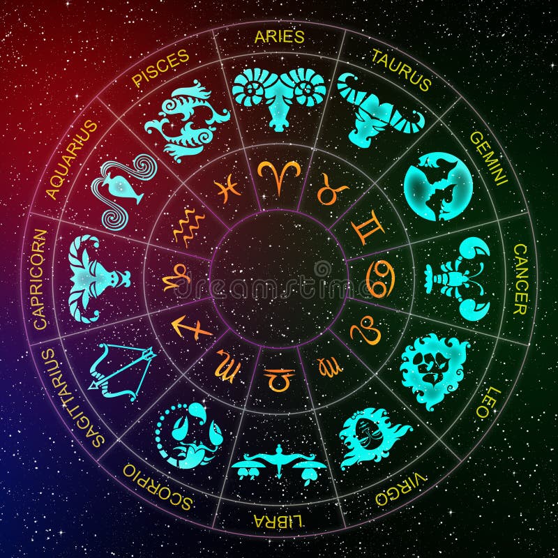 Astrological Circle of 12 Zodiac Signs on the Background of Space Stock ...