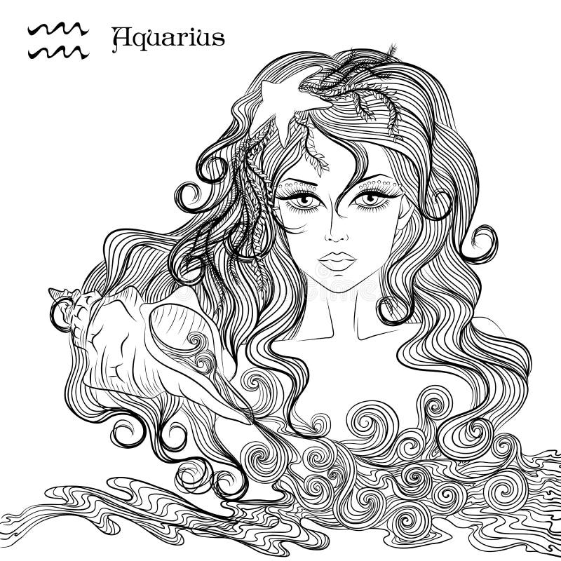 Download Astrological Sign Of Aquarius As A Beautiful Girl Stock Vector - Illustration of drawing, black ...