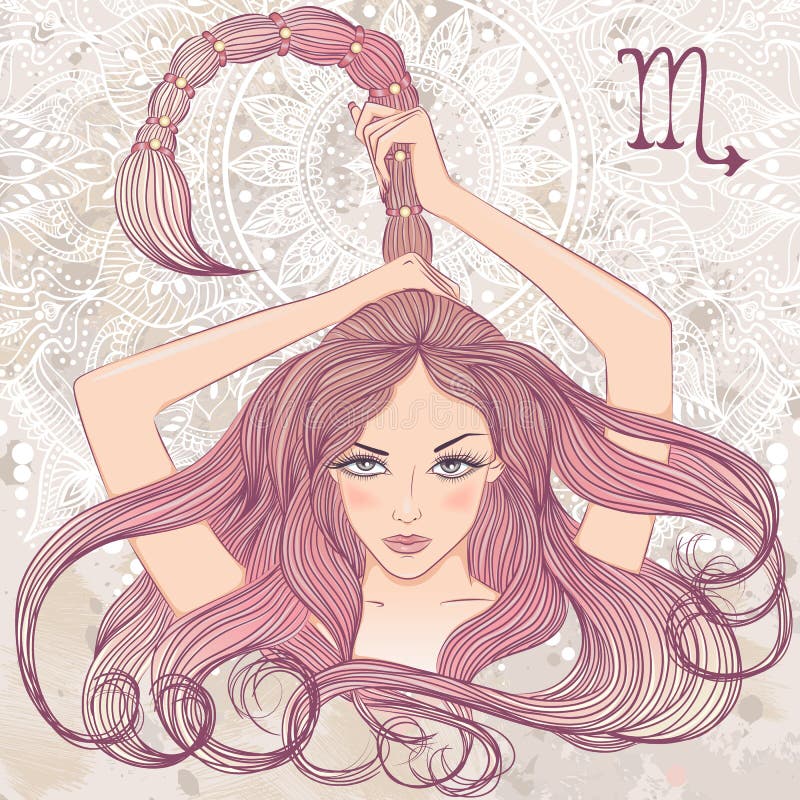 Astrologisch teken van Schorpioen als portret van mooi meisje stock illustratie Astrologisch teken van Schorpioen als portret van mooi meisje stock illustratie