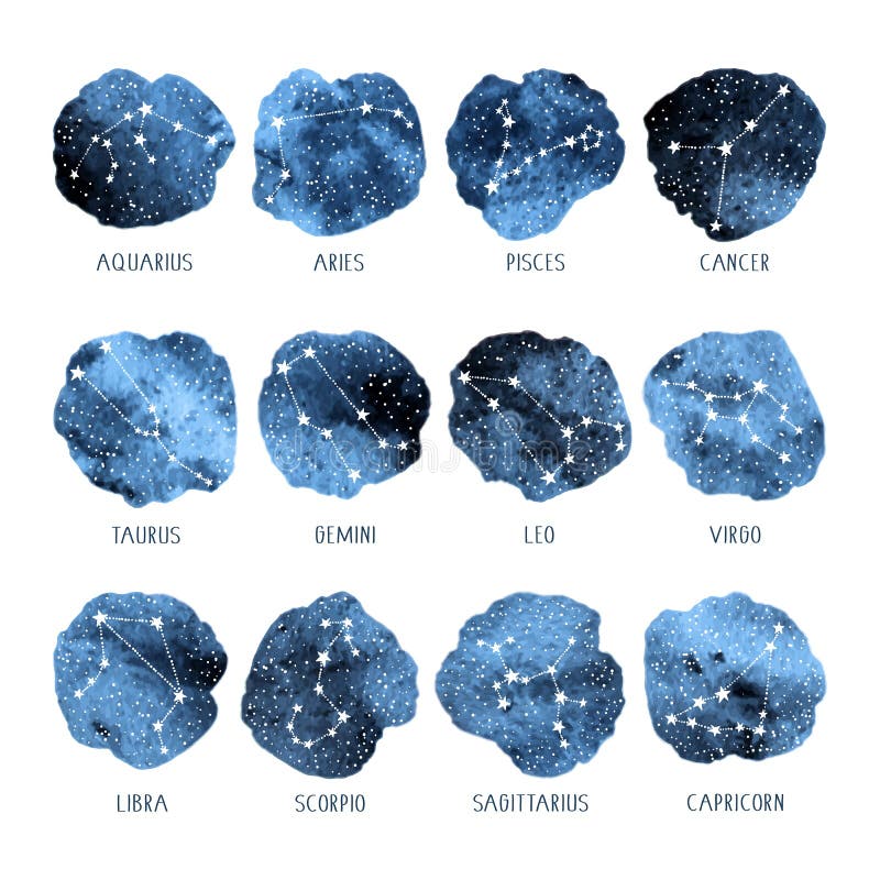 Astrologische waterkleurset van zodiale zingingen en sterren op witte achtergrond. verzameling van paardenpictogrammen