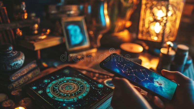 Astrology influencers creating content in a cozy, illuminated setting at night