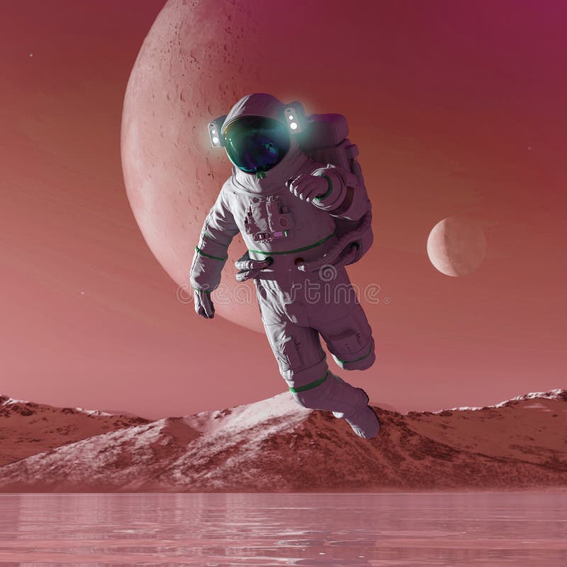 Astronaut in another planet is floating in the air on the ice lake