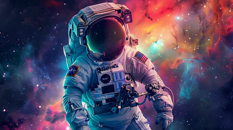 Astronaut with Aurora Borealis in Space stock illustration