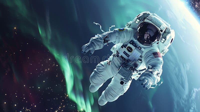 Astronaut with Aurora Borealis in Space royalty free illustration