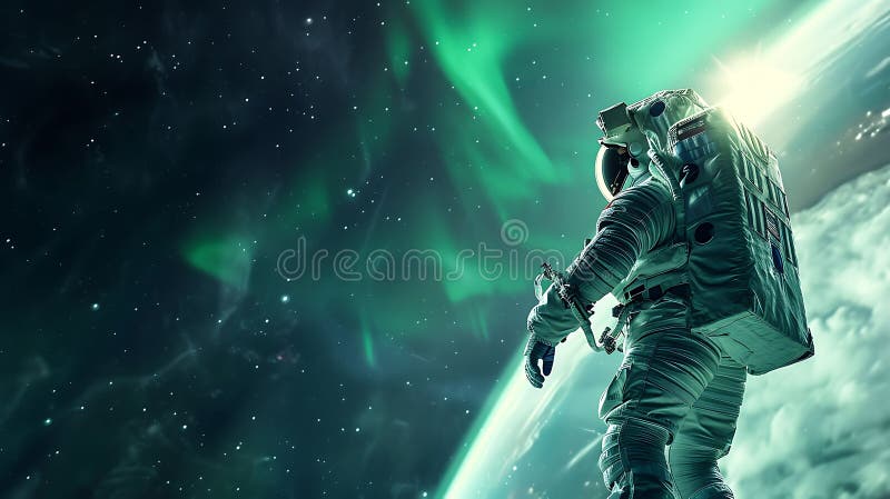 Astronaut with Aurora Borealis in Space stock illustration