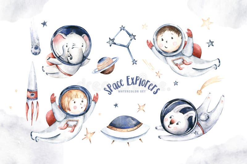 Astronaut baby boy girl elephant, fox cat and bunny, space suit, cosmonaut stars, planet, moon, rocket and shuttle