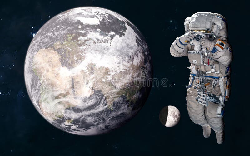 Astronaut on background of Earth and the Moon in warm light of Sun. 3D Render. Solar system. Science fiction stock illustration