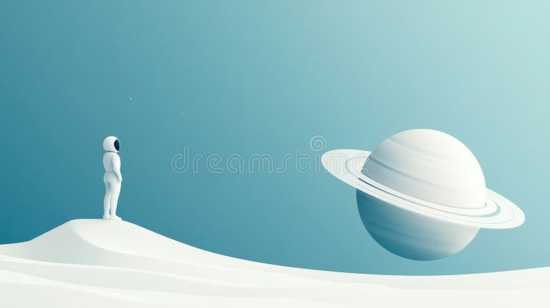 Astronaut blickt auf einen fernen Planeten mit Ringen in einer ruhigen minimalistischen Landschaft ai stockfotos