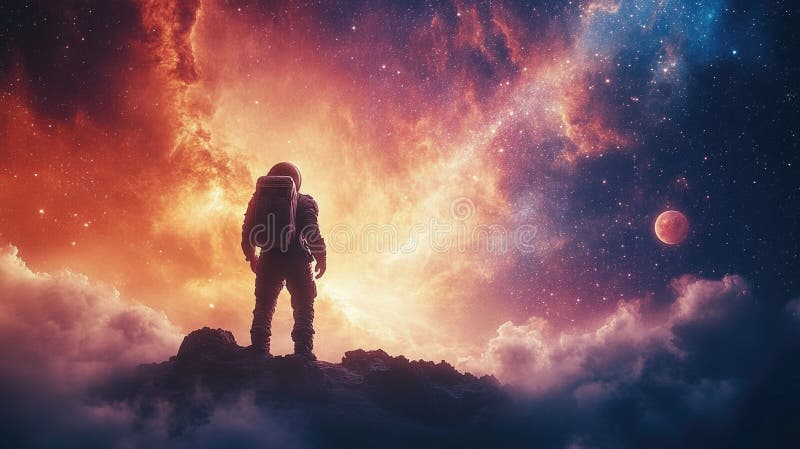 Astronaut blickt beim Sonnenuntergang auf felsigem Gelände auf einen dynamischen kosmischen Himmel lizenzfreies stockfoto