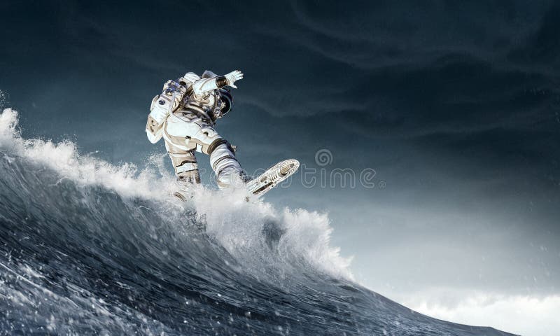 Spaceman on flying board surfing the sea. Mixed media. Spaceman on flying board surfing the sea. Mixed media