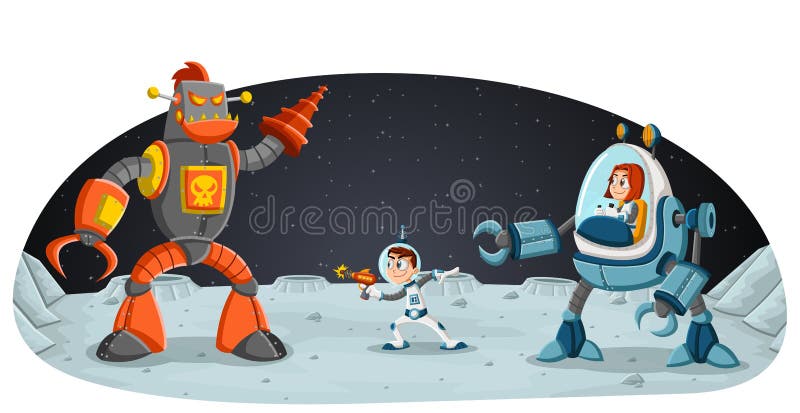 Astronaut cartoon children fighting a robot on the moon stock illustration Astronaut cartoon children fighting a robot on the moon stock illustration