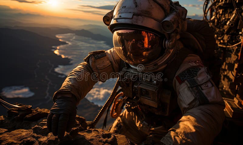 Astronaut Climbs Mountain in Space Suit royalty free illustration