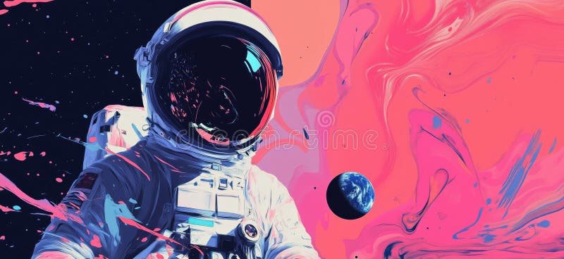 Astronaut in Cosmic Swirl, Vibrant Colors, Earth in Background, Space Exploration, Futuristic Art, copy space for text