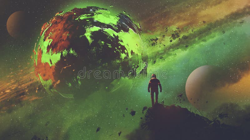 Astronaut, der den sauren Planeten betrachtet vektor abbildung Astronaut, der den sauren Planeten betrachtet vektor abbildung