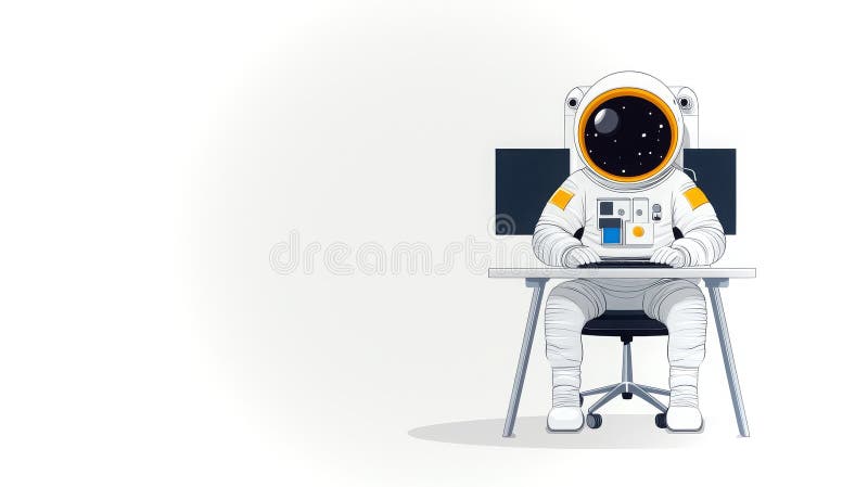 Astronaut, der im Heimcomputer arbeitet, um Luftdaten in einem modernen Umfeld zu analysieren lizenzfreies stockbild