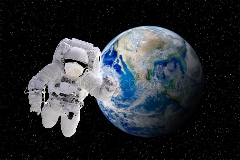 CORONA Virus in Healthcare Concept : Astronaut floating in space and wear protective masks to protect CORONA virus with blue planet earth in background. Elements of this image furnished by NASA. CORONA Virus in Healthcare Concept : Astronaut floating in space and wear protective masks to protect CORONA virus with blue planet earth in background. Elements of this image furnished by NASA